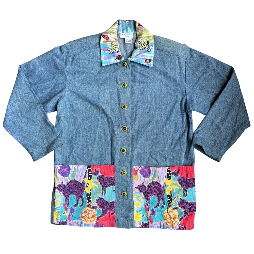 Silkscapes Vintage Patchwork Cat Jean Jacket Womens Size M Artsy Long Eclectic